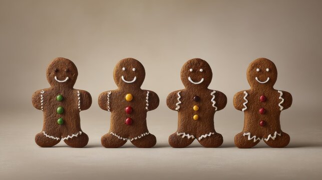 Four smiling gingerbread men cookies with colorful candy buttons on neutral background