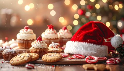 Santa Hat on Cupcake with Christmas Cookies and Festive Bokeh HomeLite