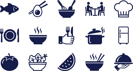Collection of modern food and cooking icons featuring utensils, meals, vegetables, kitchen tools, dining symbols, restaurant elements, vector illustration set