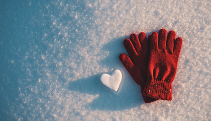 Red winter gloves rest on sparkling snow beside small heart shaped snow sculpture, creating minimal and symbolic moment with cozy, warm feeling in wide composition