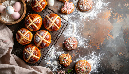 Hot Cross Buns: Overhead shot features freshly baked hot cross buns arranged artfully with eggs on a rustic surface. Generative AI.