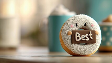 A cute donut character with sprinkles holds a sign that says "Best" in a cafe setting with soft lighting.