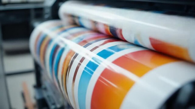 A large format digital printer in action, printing color graphics onto a roll of vinyl. 4k video