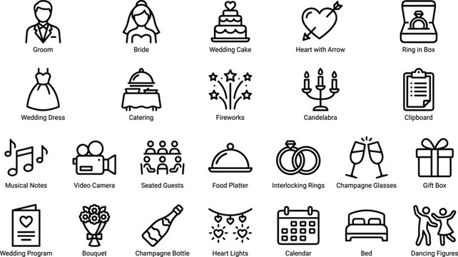 Collection of elegant wedding line icons showing ceremony elements, decorations, celebration symbols, romantic details, and event essentials for invitations and graphic design projects