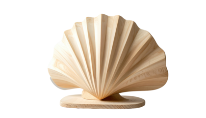 Sculptural wooden seashell on stand, showing ribbed texture and light woodgrain against a dark background