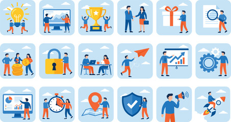 Business teamwork concept illustrations, productivity strategy icons, innovation leadership growth graphics, finance security planning success, professional collaboration flat design set