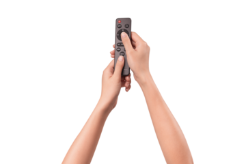 Hand holding remote control isolated on isolated on transparent PNG.	