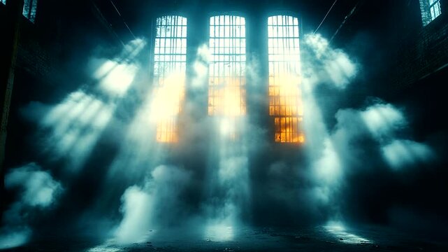Ethereal light beams filtering through large industrial windows