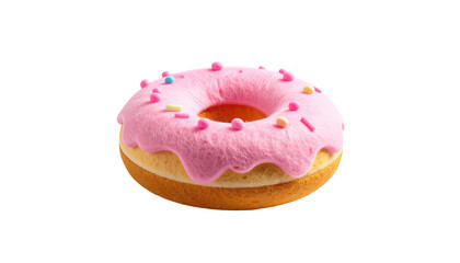 Donut topped with pink frosting and sprinkles against a solid black background, casting soft shadows
