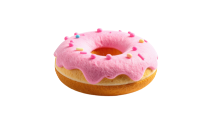 Donut topped with pink frosting and sprinkles against a solid black background, casting soft shadows