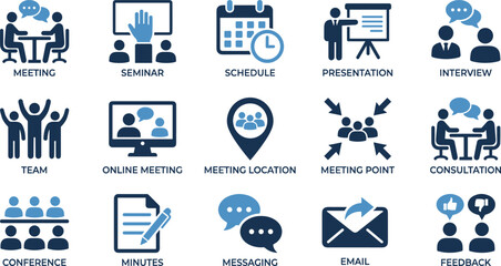 Business communication and meeting icons collection featuring teamwork, presentation, schedule, consultation, online meeting, messaging, email, feedback, professional office symbols, vector set