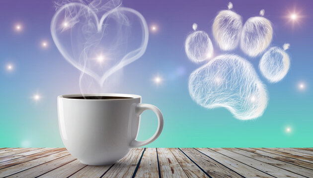 White coffee mug with steam forming heart shape, glowing pet paw print, dreamy background, wooden table, emotional and cute pet lover concept