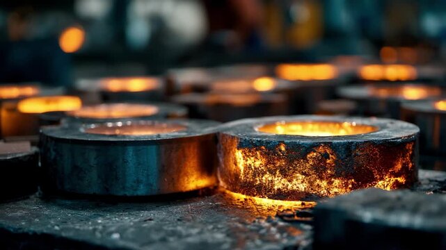 Medium shot of lead castings being analyzed under bright lighting focusing on surface flaws detection during manual visual quality checks in a factory