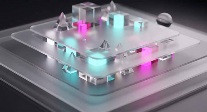 Frosted glass geometric shapes with glowing elements on translucent platform layers