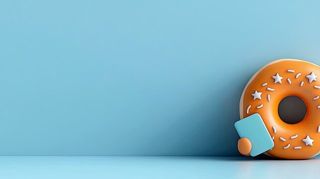 A cartoon donut holding a phone against a blue background, with a minimalist and playful aesthetic. - Powered by Adobe