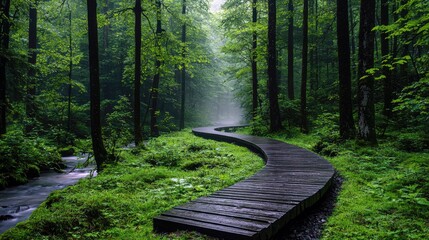 A wooden pathway curves through a vibrant green forest, with a misty atmosphere and a small stream alongside it.