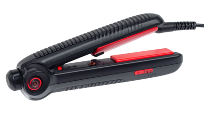 Black, matte hair straightener with red accents, partially open against a black background, power cord visible