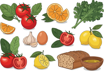 Fresh and wholesome ingredients ripe tomatoes, leafy greens, citrus fruits, garlic, egg, whole grain bread, olive oil. Ideal for healthy cooking and nutritious meals