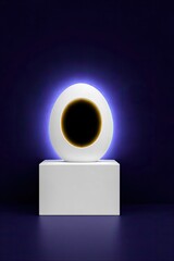 A white egg-shaped object with a glowing center sits on a white pedestal against a dark blue background. The object is illuminated with a blue and gold light.