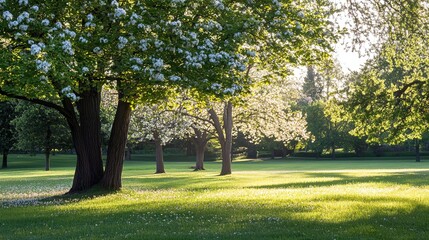 english. A serene English park blooms with flowers under morning sunlight filtering through trees. gardening catalogs, home-decor guides, designed for home decor and floral branding.