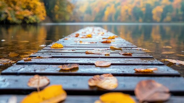 A wooden pier extends into a calm lake, covered with fallen autumn leaves. The background features a blurred forest and a misty atmosphere, creating a serene an