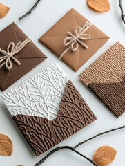 Close-up of brown and white textured envelopes tied with twine, surrounded by autumn leaves and twigs on a white background.