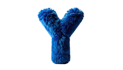 Fluffy 'Y' shape, bright blue with textured fur on black background, centered and well-lit
