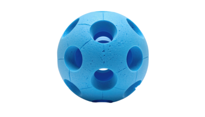 Blue, spherical object with uniform, circular holes against a black background, textured surface, subtle shadows