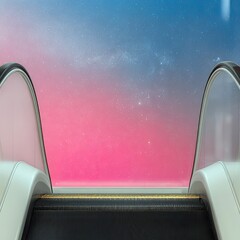 An escalator ascends towards a vibrant pink and blue starry sky, creating an abstract and conceptual image.
