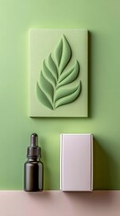 A minimalist product shot featuring an essential oil bottle, a box, and a leaf design on a green background, evoking a sense of natural wellness.