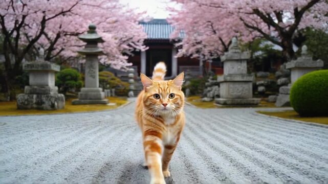 Orange tabby cat walking on gravel path with cherry blossoms and stone lanterns in background cat video