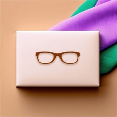 A pair of brown eyeglasses is placed on a white box, with purple and green fabric in the background. The image has a minimalist and modern aesthetic.