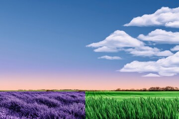 A landscape image featuring a split composition of a lavender field and a green grass field under a blue sky with clouds.