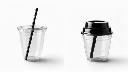 Two clear plastic disposable cups with black lids and straws