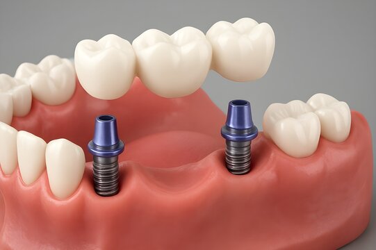 Dental Implant Model with Titanium Posts and Bridge on Lower Jaw for Clinical and Educational Use