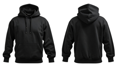 Plain black hoodie, front & back views. Shows sleeves, hood, kangaroo pocket, & drawstring. Rendered against black background