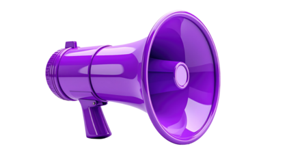 Shiny, purple megaphone on black background; sound amplifying tool ready to project announcements with vibrant color
