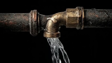 Water leakage from damaged pipe fitting isolated on black background