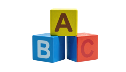 Stacked wooden blocks with letters A, B, and C, colorful on a dark background