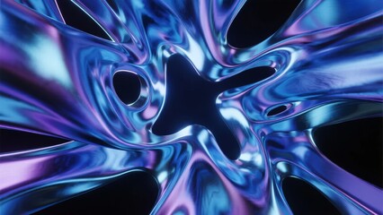 Abstract fluid-like surface with swirling blue and purple metallic reflections