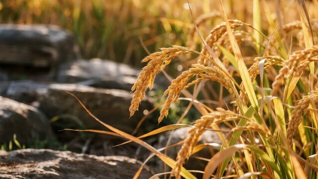 Golden grasses swaying in a natural outdoor setting with rocks in the background
