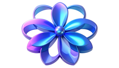 Iridescent blue ribbon flower with rounded petals, isolated on a black backdrop, created in a digital rendering
