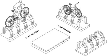 Line art isometric view of cyclist on bike rack and empty bike racks bicycle parking