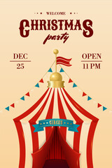 Obraz premium Christmas circus invitation party poster. Colorful vintage magic show, theatre, attractions, carnival banner. Creative design for events, festival, party and more. Retro vector illustration