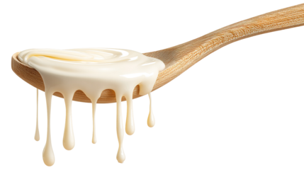 Condensed milk flowing down from spoon isolated on transparent white background.