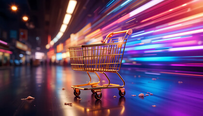A golden shopping cart on a reflective surface with blurred neon lights behind it 4K and HD iamge
