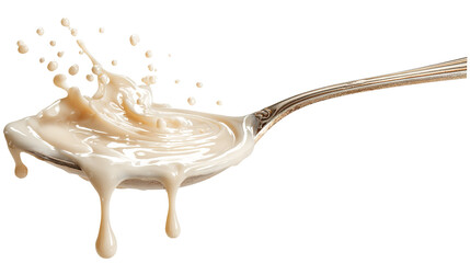 Condensed milk flowing down from spoon isolated on transparent white background.