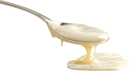 Condensed milk flowing down from spoon isolated on transparent white background.