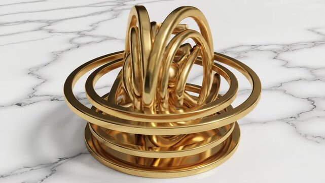 Golden Gyroscope Rotating on Marble Surface