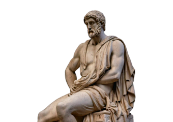 Greek statue of an ancient man sitting isolated on transparent or white background